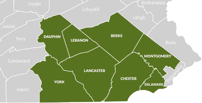 Pennsylvania county map labeled vector outline gray background. Map of Pennsylvania state of USA with borders and counties names